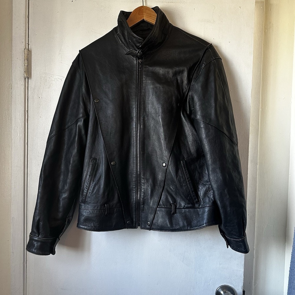 Vintage Leone Uomo Spanish Black Leather Moto Jacket‎ European Cut Men's Large